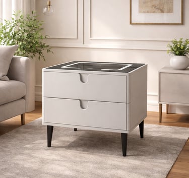 Modern white smart nightstand with wireless charging top in a stylish living room setting.