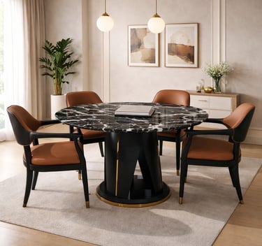 Modern black marble dining table with cognac leather chairs in a luxury dining room.
