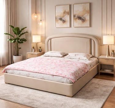Modern upholstered platform bed with pink floral bedding, beige headboard, and minimalist nightstands.