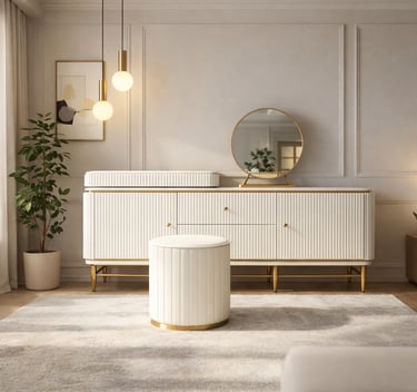 Modern white fluted dresser and matching vanity stool with gold accents in a luxury bedroom.