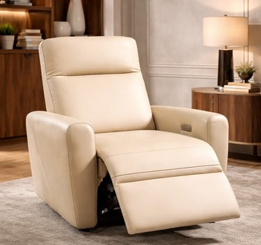Modern cream leather power recliner chair in a cozy living room setting with elegant home decor.