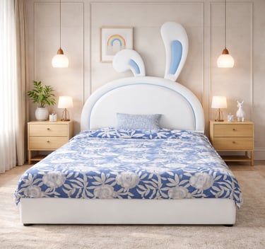 White upholstered bunny ear bed frame with blue floral bedding in a modern nursery interior.