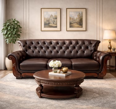 Elegant dark brown leather tufted chesterfield sofa and a round wooden coffee table in a classic living room.