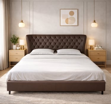 Modern bedroom featuring a brown tufted leather bed frame and light wood nightstands.
