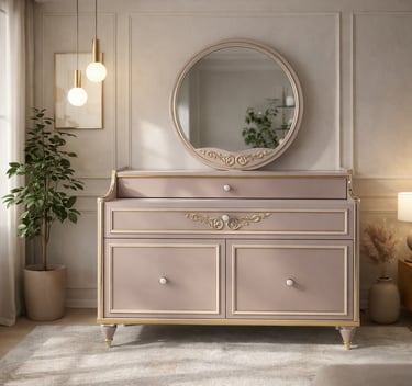 Elegant pink vanity dresser with gold accents and a round mirror in a modern bedroom.
