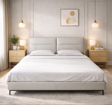 Modern upholstered platform bed with a beige headboard, wooden nightstands, and elegant pendant lights.