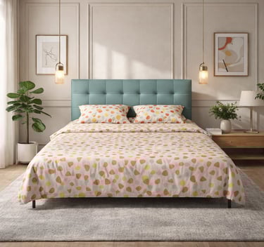 Modern bedroom with a teal tufted headboard and colorful polka dot pattern bedding set.