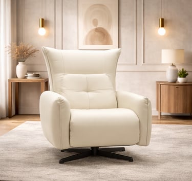 Modern cream leather swivel recliner chair in a minimalist living room with elegant neutral decor.