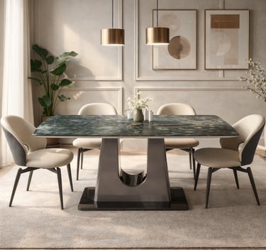 Modern dining room featuring a green marble dining table with beige upholstered chairs and gold pendant lights.