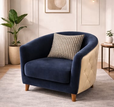 Modern navy blue velvet barrel chair with tufted cream backrest on a gray area rug.