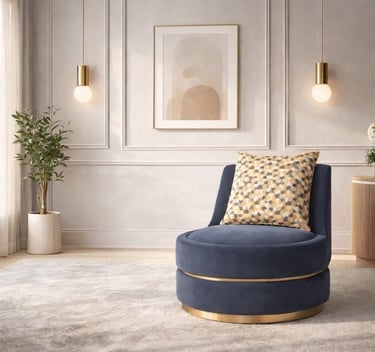 Modern blue velvet swivel chair with gold trim in a stylish living room with pendant lights.