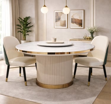Luxury round marble dining table with gold trim and white leather chairs in a modern room.
