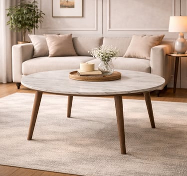 Mid-century modern round marble coffee table with wood legs in a bright living room.