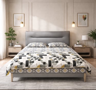 Modern bedroom with a gray upholstered bed, geometric patterned bedding, and wooden nightstands.