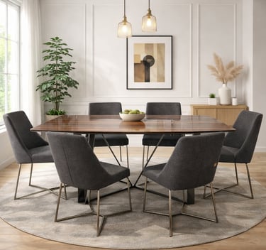 Modern dining room featuring a dark wood table and six grey upholstered chairs on a round rug.