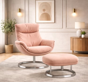 Blush pink velvet swivel recliner chair with matching ottoman on a neutral area rug in a modern living room.
