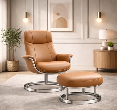 Modern tan leather swivel recliner with matching ottoman on a grey rug in a minimalist living room.