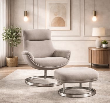Modern beige swivel accent chair with matching ottoman on a rug in a neutral living room.