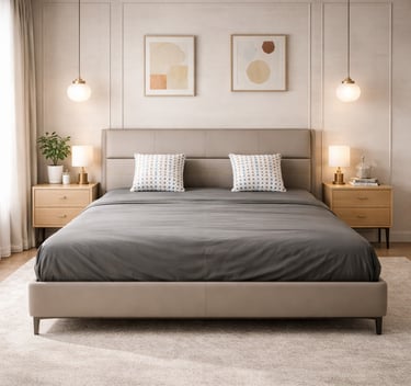 Modern bedroom with a tan upholstered platform bed, gray bedding, and oak nightstands under pendant lights.