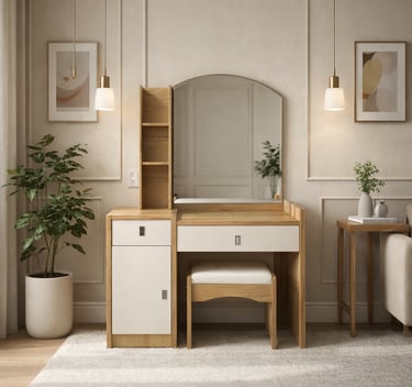Modern wood and white makeup vanity desk with arched mirror and matching cushioned stool.