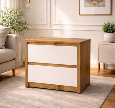 Modern oak nightstand with two white drawers on a grey rug in a minimalist bedroom.