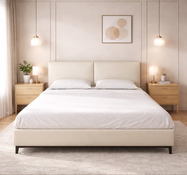 Modern minimalist bedroom featuring a cream upholstered bed frame, wooden nightstands, and warm pendant lighting.