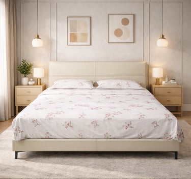 Modern bedroom with a white floral duvet set, neutral leather headboard, and wood nightstands with lamps.
