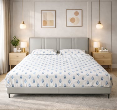 Modern bedroom with blue floral pattern sheets on a grey upholstered bed and gold pendant lights.