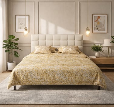 Modern bedroom with a tufted headboard, floral yellow bedding, and elegant hanging pendant lights.