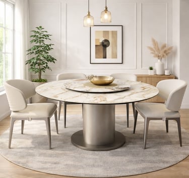 Modern dining room featuring a round marble table with a lazy susan, white leather chairs, and elegant pendant lights.