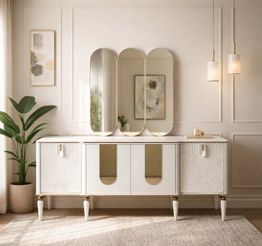 Elegant white sideboard with gold accents and a triple oval mirror in a modern living room.