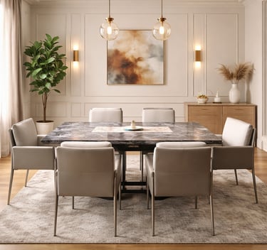 Modern dining room featuring a black marble table, grey leather chairs, and elegant gold pendant lighting.
