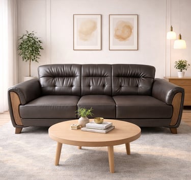 Modern brown leather sofa in a bright living room with a round wooden coffee table and wall art.