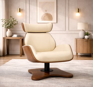Mid-century modern cream leather swivel lounge chair with wood frame in a minimalist living room.