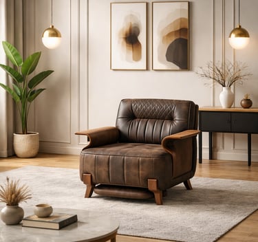 Modern brown leather armchair with wooden accents in a minimalist living room with elegant wall art.