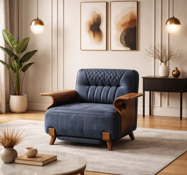 Mid-century modern blue leather armchair with wood accents in a stylish living room.