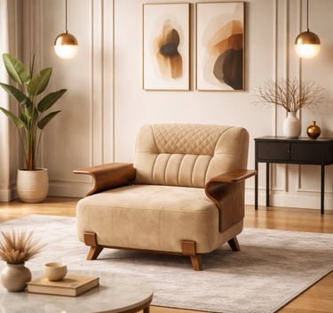 Modern beige tufted armchair with wooden accents in a minimalist living room with gold pendant lights.