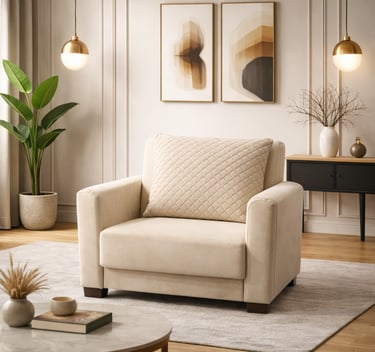 Modern cream upholstered armchair with a quilted pillow in a minimalist living room setting.