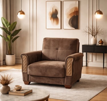 Modern brown velvet armchair in a stylish living room with gold pendant lights and wall art.