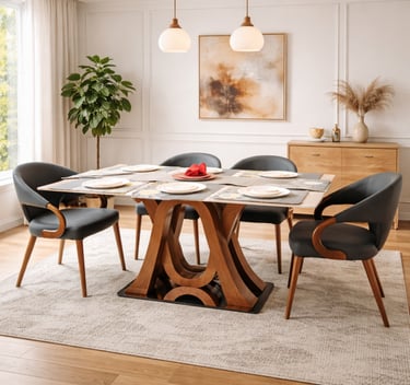 Modern dining room set featuring a wood pedestal table and black leather chairs on a neutral rug.