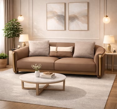 Modern brown leather sofa with a marble coffee table in a minimalist living room with warm lighting.
