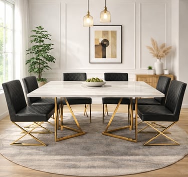 Modern white marble dining table with gold geometric legs and black tufted leather chairs on a round rug.