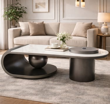 Modern designer coffee table with a white marble top in a luxury minimalist living room.