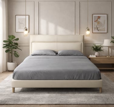 Modern minimalist bedroom featuring a cream upholstered bed frame with grey bedding and hanging pendant lights.