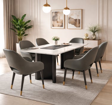 Modern dining room set with marble top table and six gray leather chairs on a textured rug.