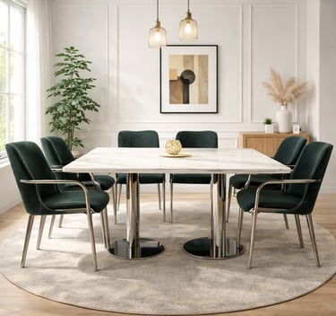 Modern dining room featuring a white marble dining table and dark green velvet chairs on a round rug.