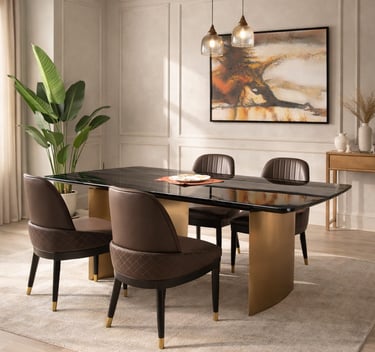 Modern dining room featuring a black marble table with gold legs and leather chairs.