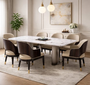 Modern luxury dining room featuring a white marble table and wood-backed upholstered chairs.