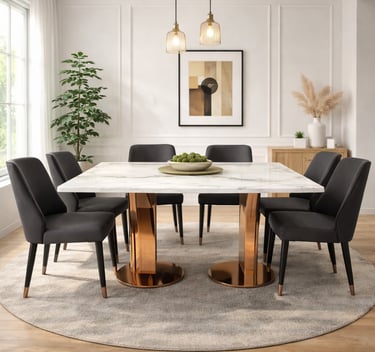 Modern dining room featuring a white marble dining table with gold pedestal legs and black upholstered chairs.