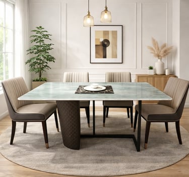 Modern dining room featuring a green marble table, beige upholstered chairs, and a round area rug.